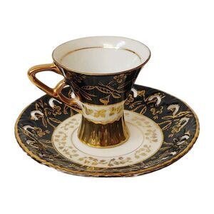 Royal Crown Black Gold Demitasse Cup & Pierced Saucer Footed Reticulated Vintage
